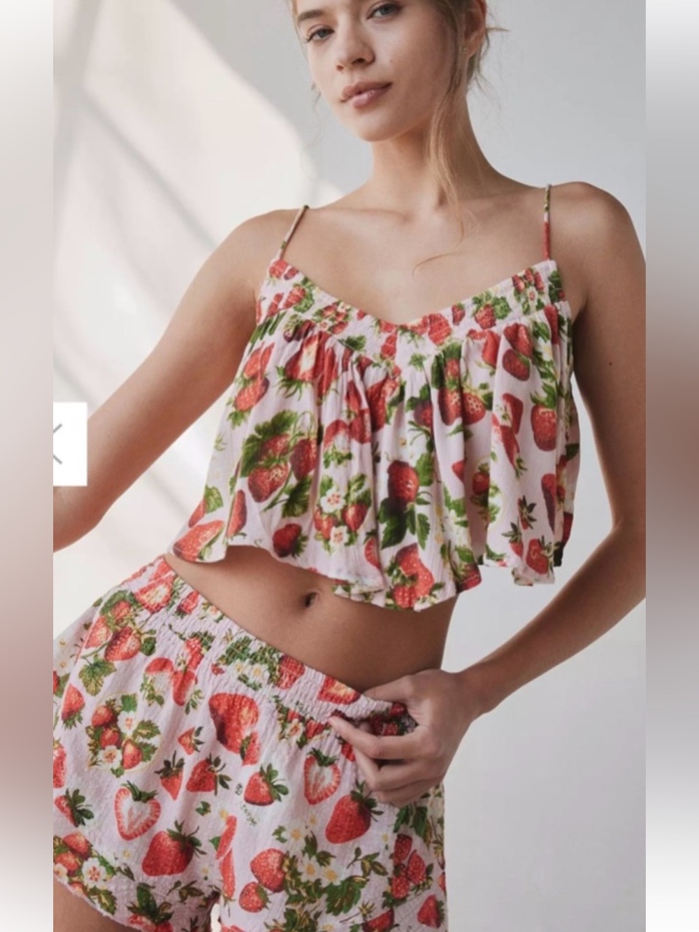 Urban Outfitters Strawberry Print Ruffled Crop Pajama Set in Pink and Red